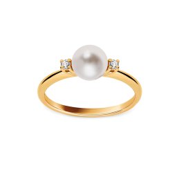 Něžný prsten s perlou a diamanty, žluté zlato FLBR031
