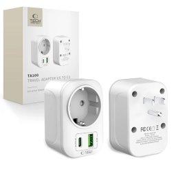 Tech-Protect TA100 cestovní adaptér US na EU s USB-A a USB-C 2500W bílý