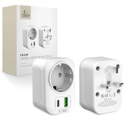 Tech-Protect TA100 cestovní adaptér UK na EU s USB-A a USB-C 2500W bílý