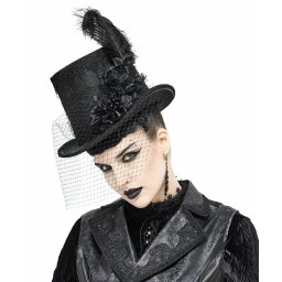klobouk DEVIL FASHION - Abandoned Carnival - Gothic Top Hat with Fishnet and Feathers - AS082