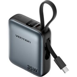 Vention 10000mAh Mini Power Bank (USB-C + USB-C) with Built-in USB-C Cable 35W Gray