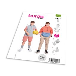 Střih Burda 9213 - Dětská mikina s barevnými bloky, klopami na kapsách a kapucí