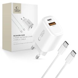 Nabíječka Tech-Protect NCA45W-GaN 45W (USB-C PD + USB-A QC) s USB-C kabelem - Bílá