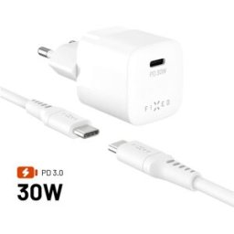 FIXED Mini GaN s USB-C výstupem a USB-C/USB-C kabelu 1.2m podpora PD 30W bílý