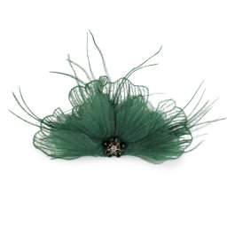 Brož se skleněnými broušenými korálky a peřím, barva 3 zelená tmavá