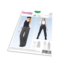 Střih Burda 6856 - Široké kalhoty Marlene, kalhoty s vysokým pasem, kalhoty s kšandami