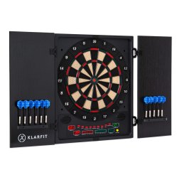 KLARFIT Dartmaster 180 šipky přední dvířka včetně 12 šipek a 24 šipkových hrotů napájení montáž na zeď