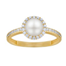 SILVEGO Zlatý prsten Kehlani ze žlutého zlata s přírodní bílou perlou a Brilliance Zirconia - obvod 59 mm