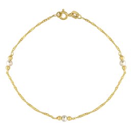 SILVEGO Zlatý náramek Singapur ze žlutého zlata se zlatými korálky a přírodní perlou - 1,2 mm - 18 cm