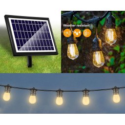 Světelný řetěz na terasu - LED solární na baterky s Bílé LED žárovky 15ks + 9m kabel + IP65