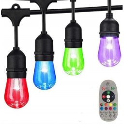 Barevný LED světelný řetěz RGBW - 15x žárovka + 14m kabel, + IP65 krytí + dálkové ovládání