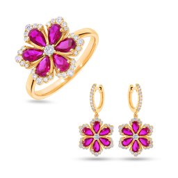 Lab-grown diamantová souprava s rubíny Flower, žluté zlato 14K IZLG1544S