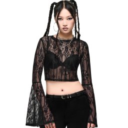 dámská crop top halenka se zvonovými rukávy KILLSTAR - CATHEDRA - černá - KSRA015100