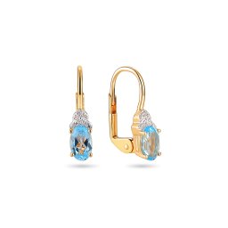 Briliantové náušnice s oválným modrým topasem 0,03 ct, žluté zlato 14K IZBR1132N