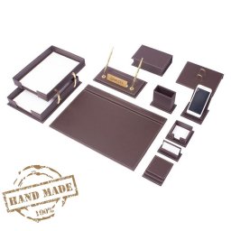 OFFICE luxusní kožený set na stůl do kanceláře 14 ks - Hnědá Kůže