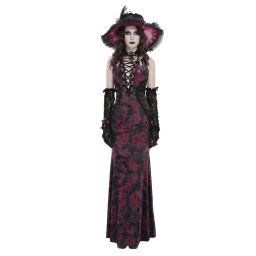 dámské dlouhé šaty DEVIL FASHION - Gothic Reverie - černé/vínové - SKT25302