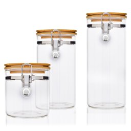 Klarstein Skleněná nádoba s bambusovým víčkem, sada 3 kusů, kovový uzávěr, 550 ml, 900 ml a 1250 ml