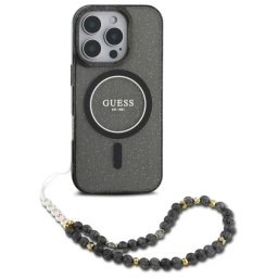 GUESS HardCase IML Glitter MagSafe + Pearl Strap iPhone 16 Pro Max - černá