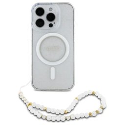 GUESS HardCase IML Glitter MagSafe + Pearl Strap iPhone 16 Pro Max - čirá