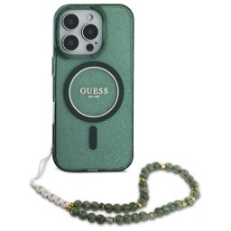 GUESS HardCase IML Glitter MagSafe + Pearl Strap iPhone 16 Pro Max - zelená