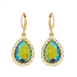 Pozlacené štrasové náušnice Pear Iridescent Green