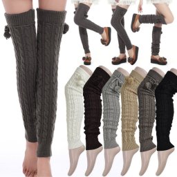 V&V Pletené návleky s bambulkami - khaki
