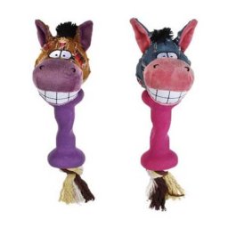 LES FILOUS ASSORTED HORSE/DONKEY PLUSH HEAD RUBBER HANDLE AND ROPE WITH SQUEAKER 36cm