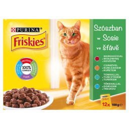 FRISKIES Kočka 12x100g s hovězím, kuřetem, tuňákem, treskou krmivo v šťávě