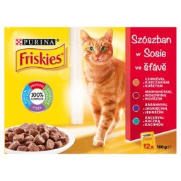 FRISKIES Kočka 12x100g s kuřetem, hovězím, jehněčím, kachnou krmivo v šťávě