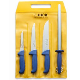 F. Dick - Sada nožů 3 ks a ocílka 30 cm, modré, Ergogrip, 13 až 18 cm