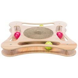 Dřevěná hračka pro kočky se škrabacím kartonem a míčky