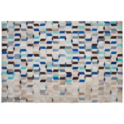 Teppich Beige Grau Blau Echtleder 160 x 230 cm Kurzflor Patchwork Handgefertigt Rechteckig