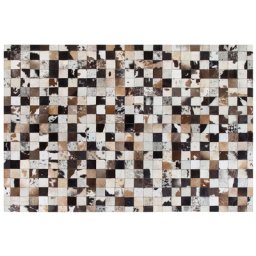 Teppich Weiß Beige Braun Schwarz Grau Echtleder 160 x 230 cm Kurzflor Patchwork Handgefertigt Rechteckig