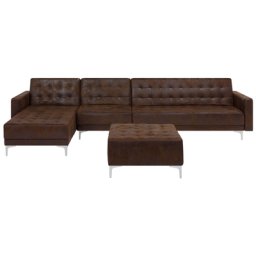 Ecksofa Braun Polsterbezug Lederoptik L-Förmig Rechtsseitig Schalffunktion Klassisch Ottomane Wohnzimmer