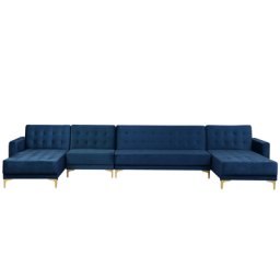 Sofa Blau Samtstoff U-Förmig Wohnlandschaft Schlaffunktion Klassisch Wohnzimmer