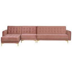 Sofa Rosa Samtstoff L-Förmig Rechtsseitig Schlaffunktion Klassisch Wohnzimmer