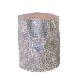 Beistelltisch Silber mit Braun Teakholz 37 x 46 cm Aluminium Kaffeetisch Multifunktional Zylindrische Form Modern Scandinavien Stil