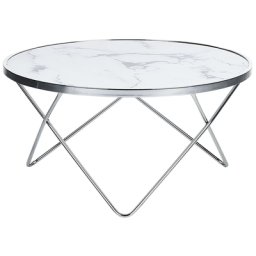 Couchtisch Weiß Silber Sicherheitsglas Metall 40 x 80 cm V förmigen Füße Glänzend Marmor Optik Rund Modern