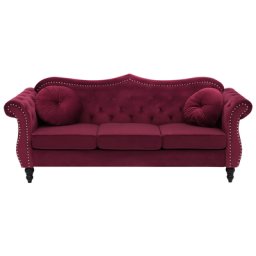 Sofa Dunkelrot Samtstoff 3-Sitzer Chesterfield Stil Retro Zierkissen Wohnzimmer