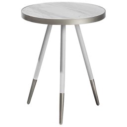 Beistelltisch Weiß / Silber 44 x 55 cm MDF Platte Metallfüße Furniert Elegante Ausstrahlung Marmor Optik Rund Modern