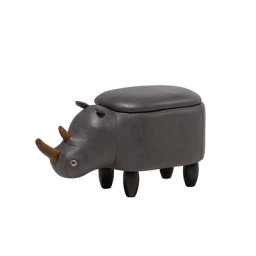 Tierhocker Dunkelgrau Kunstleder Gummibaumholz 35 x 32 x 60 cm Modern Lederoptik Nashorn Praktisch Stauraum Kindermöbel Kinderzimmer