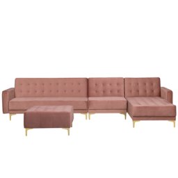 Sofa Rosa Samtstoff L-Förmig Linksseitig Schlaffunktion Klassisch Ottomane Wohnzimmer
