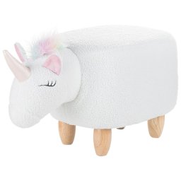 Hocker Weiß Stoff Felloptik Einhorn mit Holzbeinen Prinzessin-Stil Modern Kindermöbel Tierhocker Kinderhocker Schlafzimmer Wohnzimmer Deko
