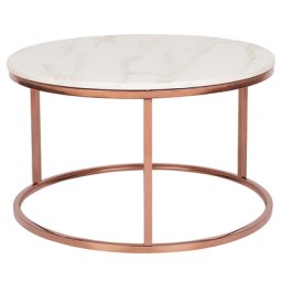 Couchtisch Beige mit Kupfer 43 x 70 cm Edelstahl MDF Platte Metallgestell Marmor Optik Glänzend Rund Modern