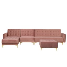 Sofa Rosa Samtstoff L-Förmig Rechtsseitig Schlaffunktion Klassisch Ottomane Wohnzimmer