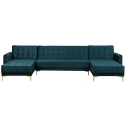Ecksofa Grün Samtstoff U-Förmig Schlaffunktion Klassisch Wohnzimmer