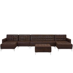 Sofa Braun Polsterbezug Lederoptik U-Förmig Wohnlandschaft Schlaffunktion Klassisch Ottomane Wohnzimmer