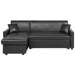 Ecksofa Schwarz Polsterbezug Lederoptik L-Förmig Rechtsseitig Schlaffunktion Traditionell Wohnzimmer