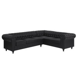 Ecksofa Schwarz Kunstleder L-Förmig Linksseitig Chesterfield Stil Glamourös Wohnzimmer