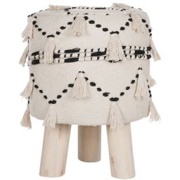 Sitzhocker Beige/Schwarz Boho-Stil Baumwolle Eukalyptusholz 33 x 33 cm
